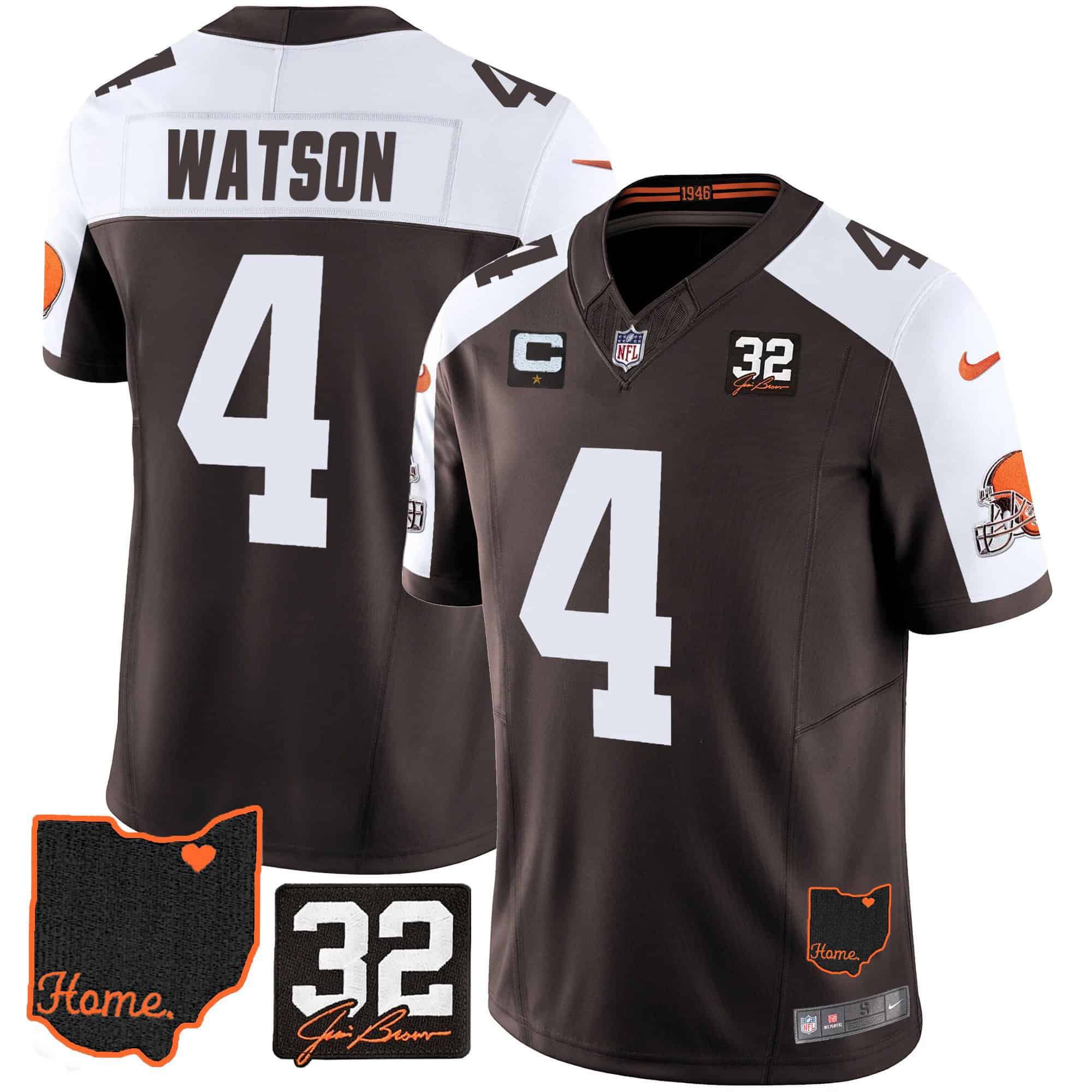 Men Cleveland Browns 4 Watson Brown Memorial Home Patch 2024 Nike NFL Jersey